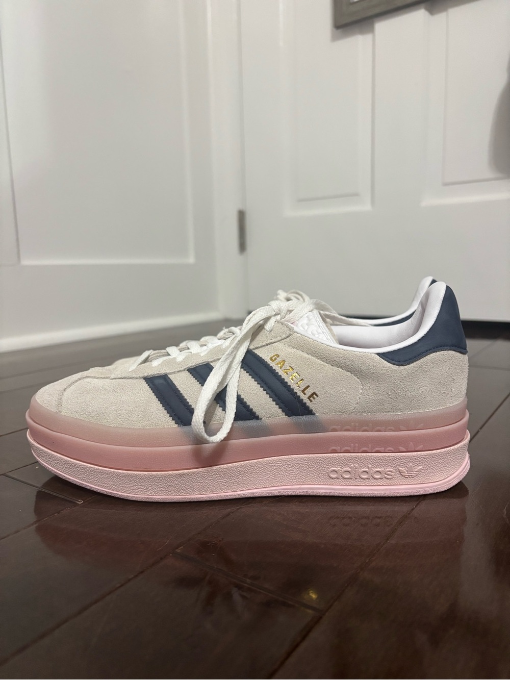 adidas Women’s Cream Suede Sneakers with Navy Stripes & Pink Platform - Picture 3 of 6